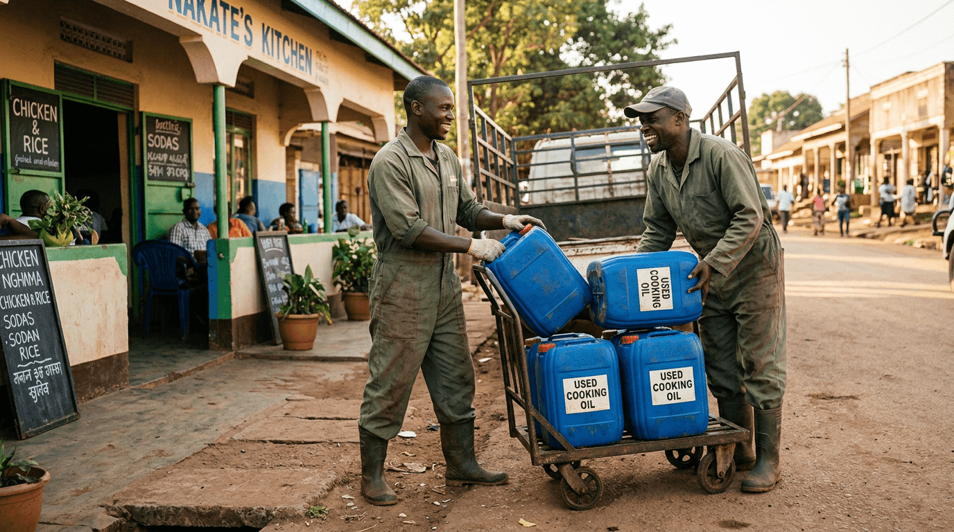 Two Mukono Energies collectors loading blue used cooking oil containers onto a trolley outside a Ugandan restaurant