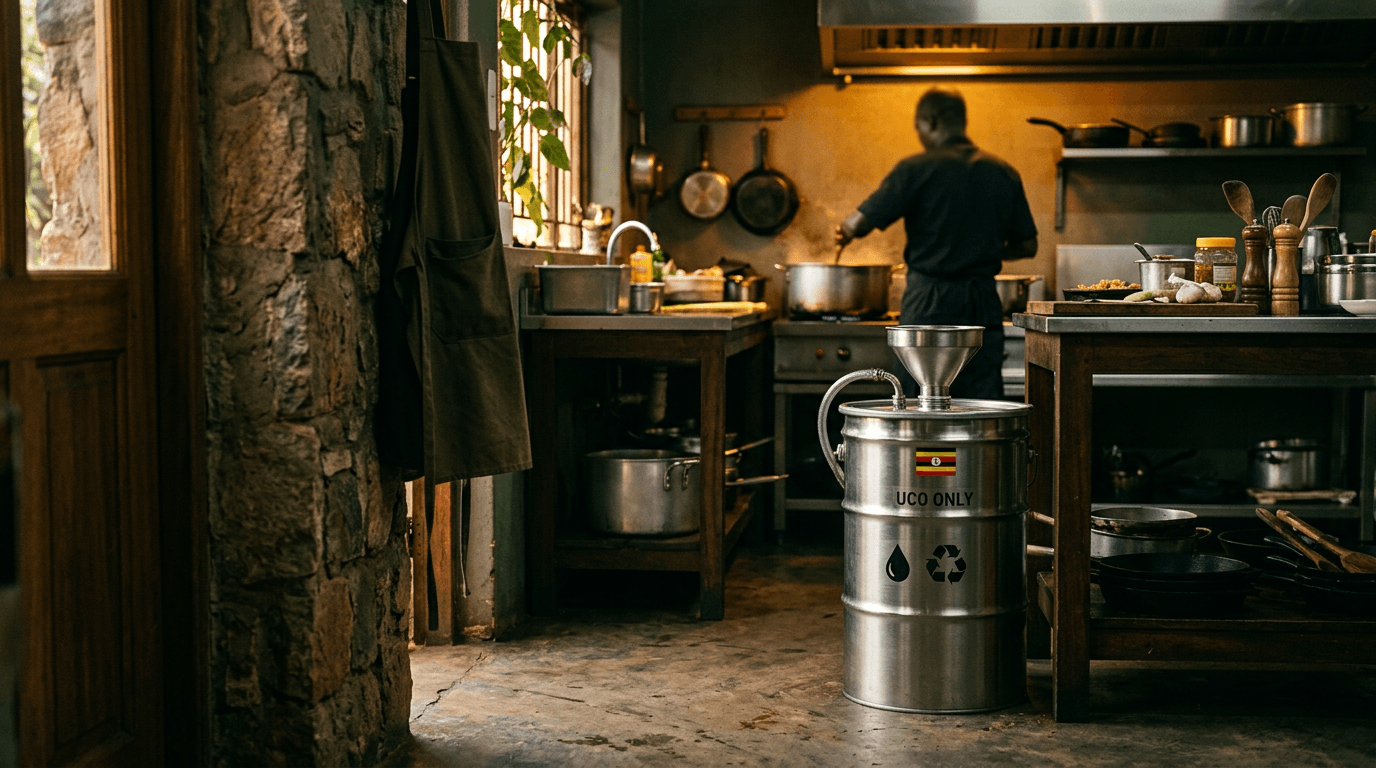 Stainless steel drum with a funnel for storing used cooking oil in a working kitchen