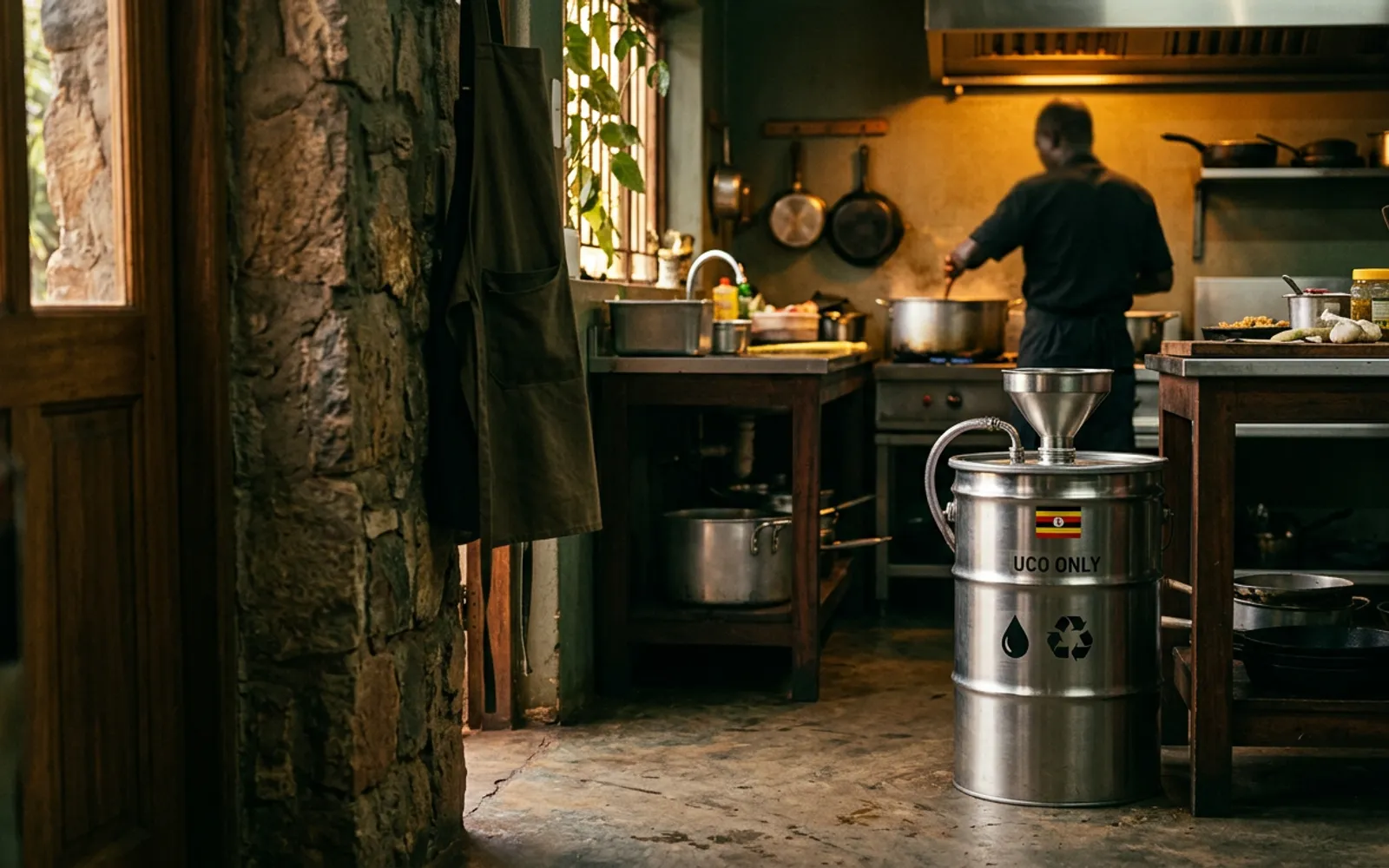 Cook preparing food in a rustic kitchen with a stainless steel used cooking oil drum in the foreground