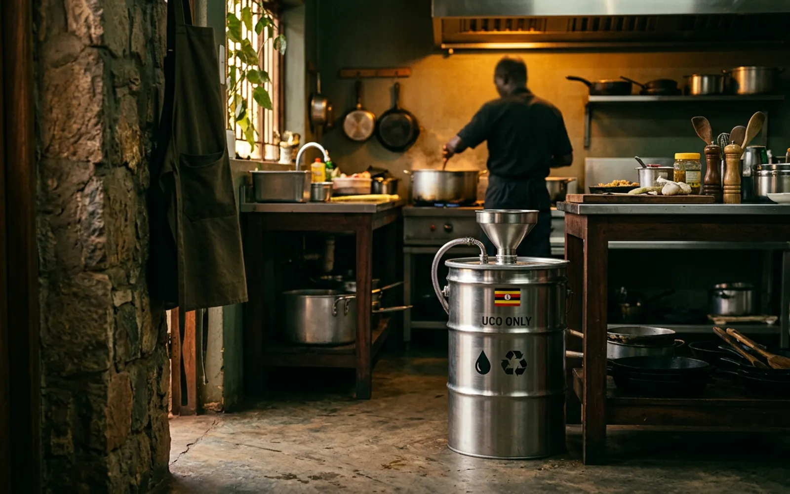 Cook working in a kitchen beside a stainless steel drum with a funnel for collecting used cooking oil